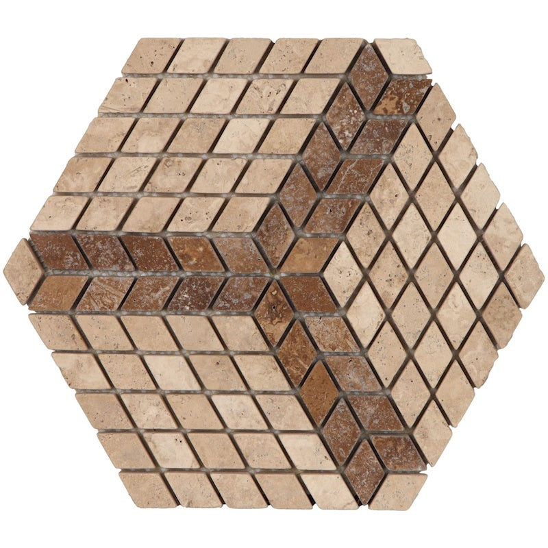 2,3x1 cm Classic-Noce Travertine Tumbled 3D Rhomboid Diamond Mosaic